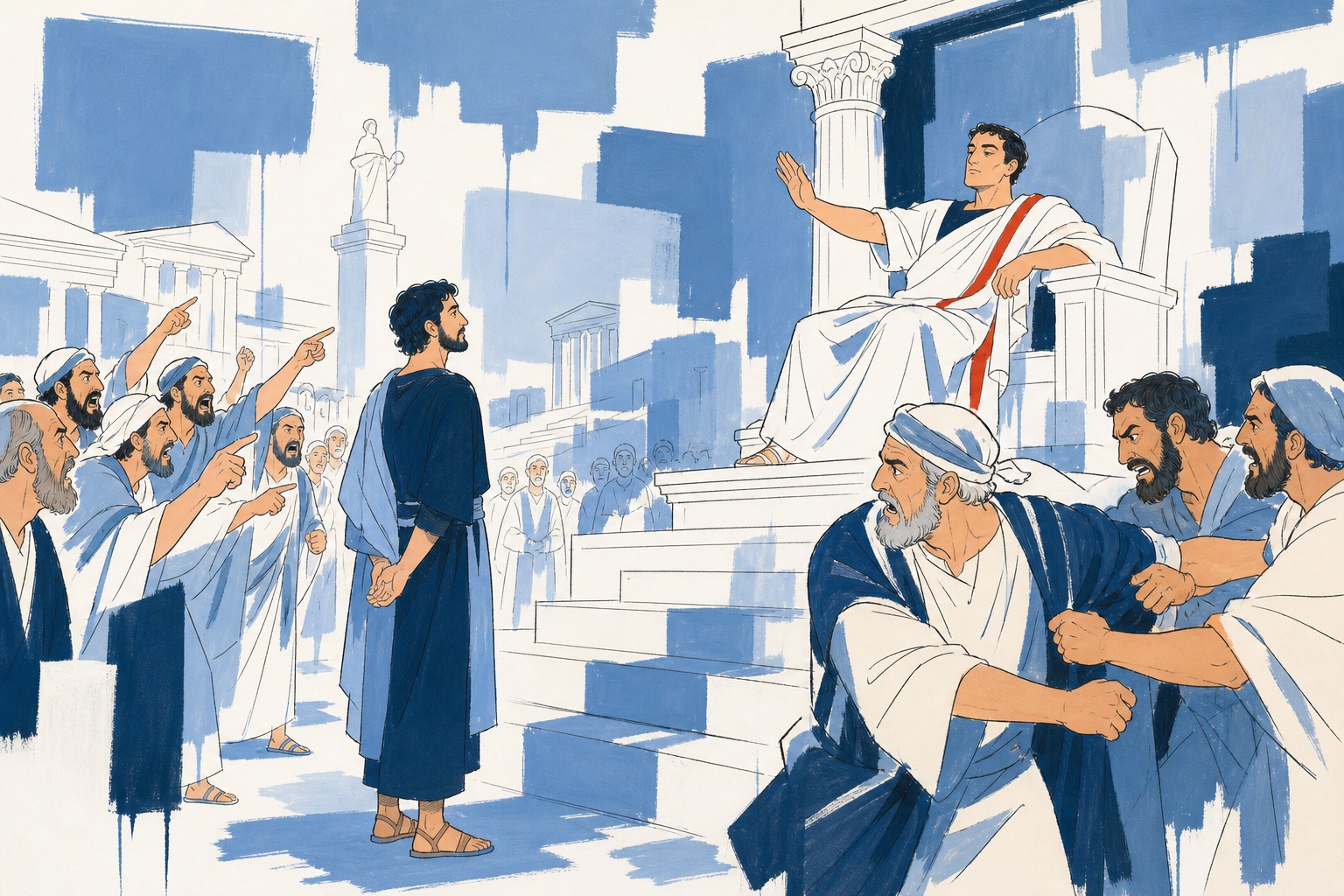 Paul standing before Gallio's tribunal while accusers point and Sosthenes is seized at the edge of the crowd