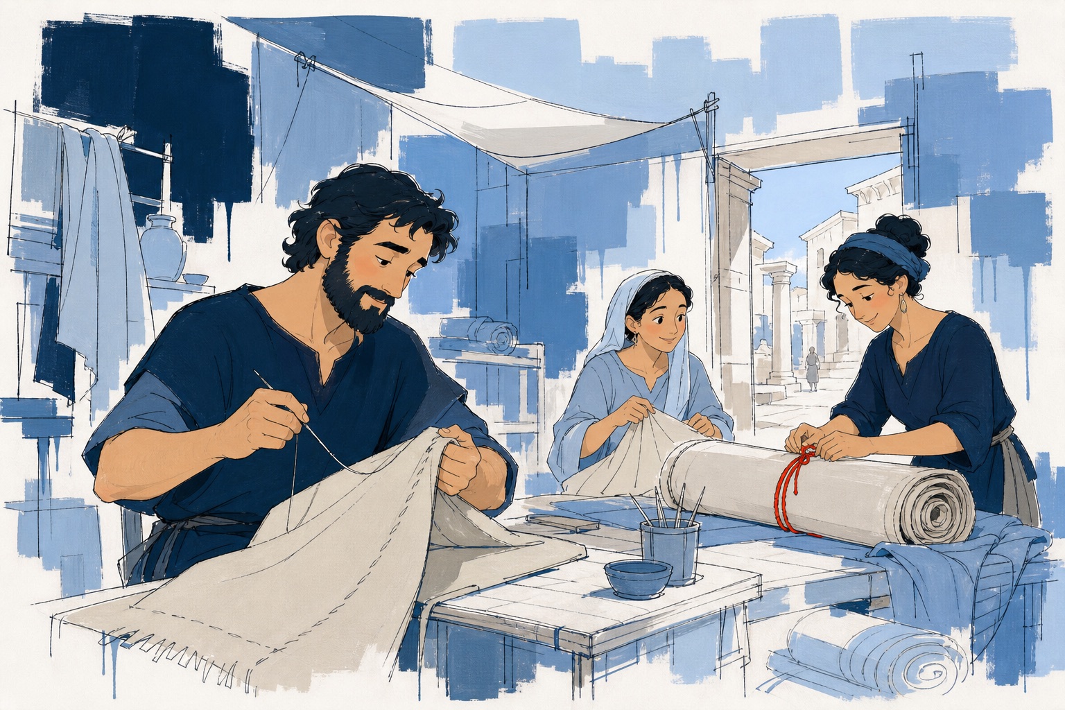 Paul sewing goat-hair cloth at a tentmaker's bench with Aquila and Priscilla in a Corinth workshop