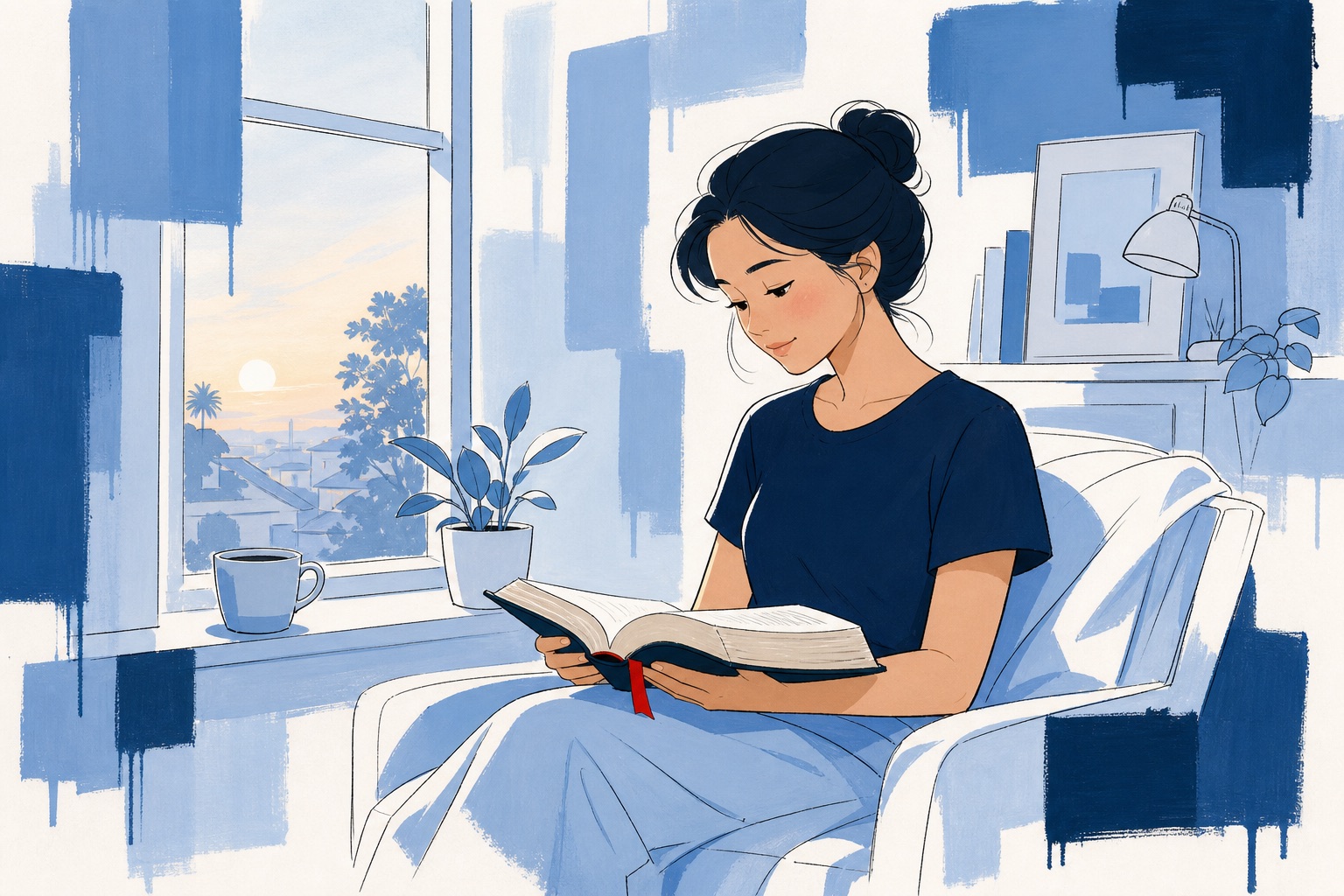 A woman reading an open Bible by a window at dawn, a cup of coffee on the sill